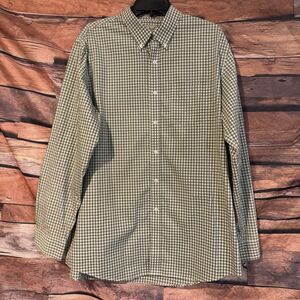 LL Bean Men's Large Green Beige Plaid Gingham Button Down Shirt Long Sleeve